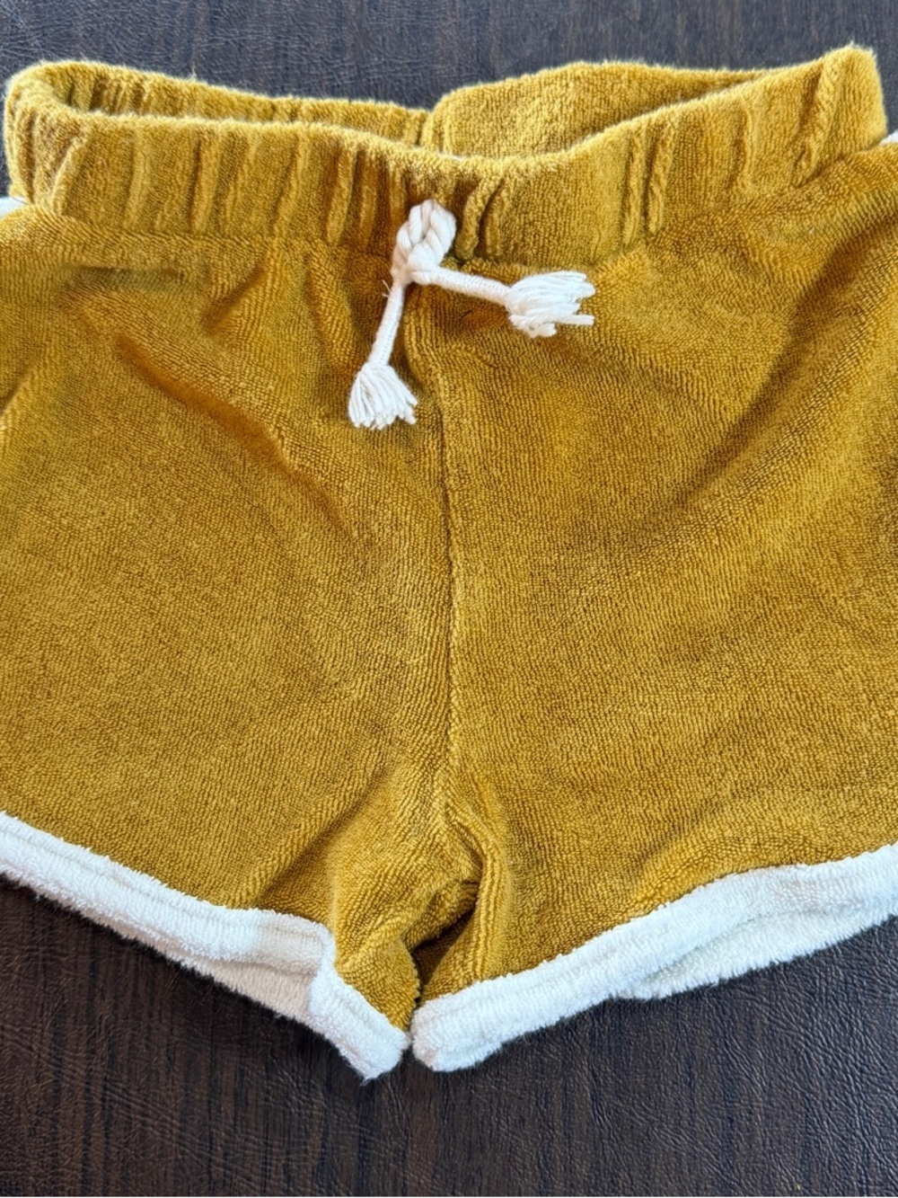 Easy Peasy Golden Terry Cloth Shorts with White Trim and Logo Tag Sz 18M Organic